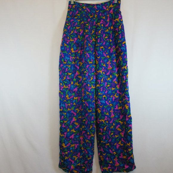 Vintage Flora Kung Blue Multicolor Floral High Waist Silk Pants - Picture 2 of 9